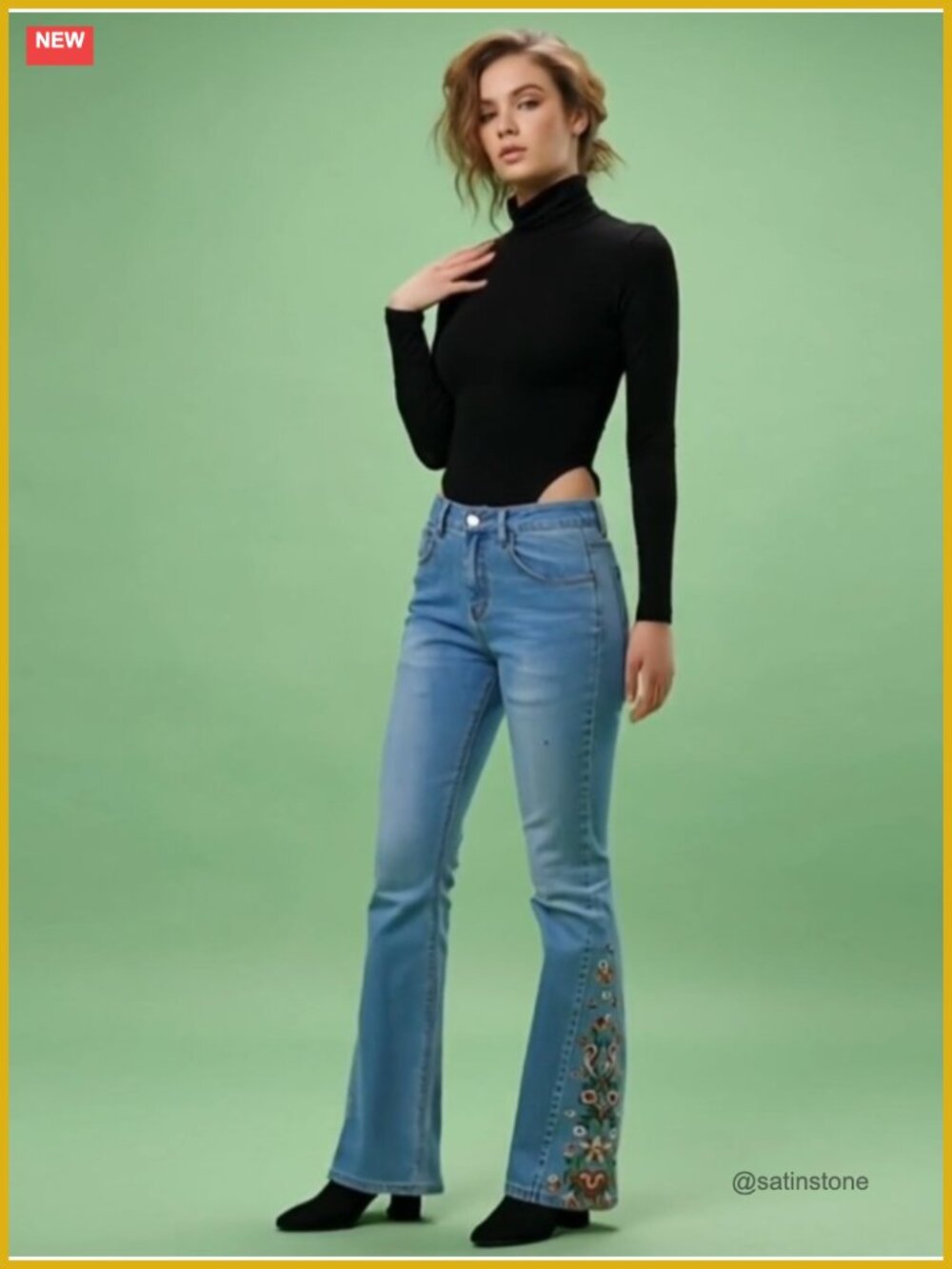 Boho Floral Embroidered Bell Bottom Jeans High Waist Retro 70s Stretch Denim - Picture 6 of 6